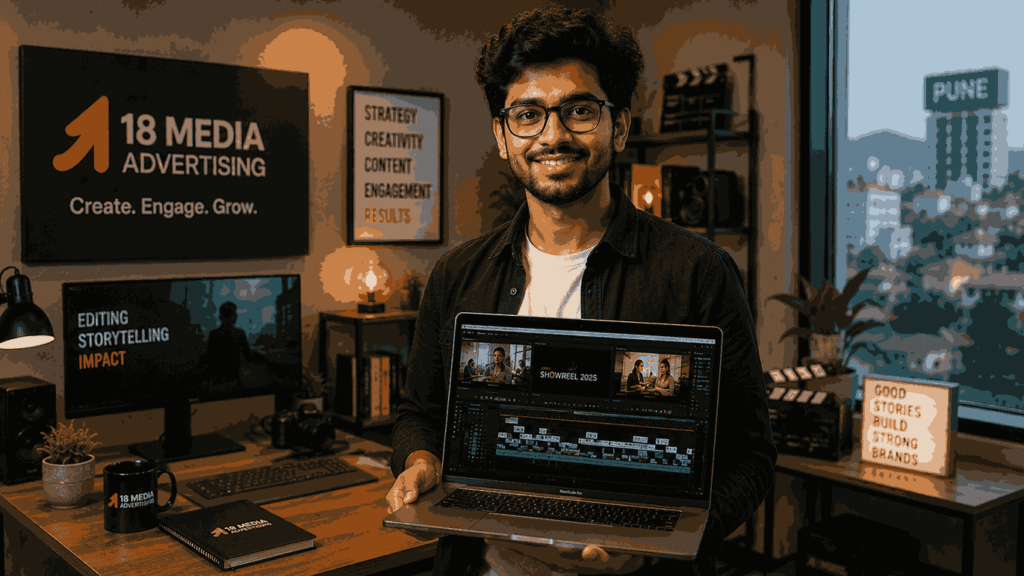 Video Editor Internship in Pune candidate showcasing a professional video editing showreel and portfolio on a laptop in a modern creative studio.