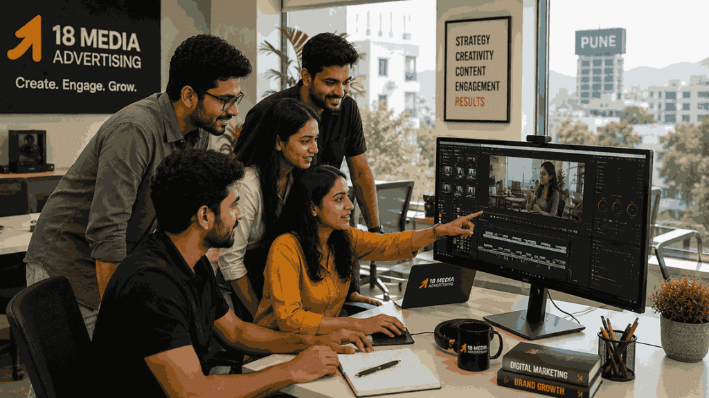Video Editor Internship in Pune students and young media professionals reviewing video footage and editing timelines on a large monitor in a modern creative agency.