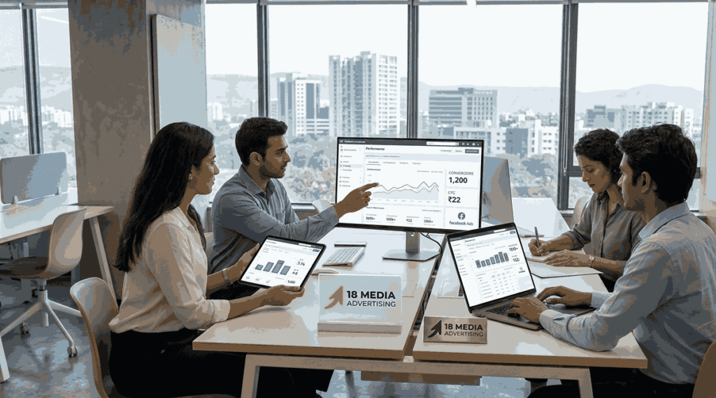 Facebook marketing agency team reviewing ad performance dashboard