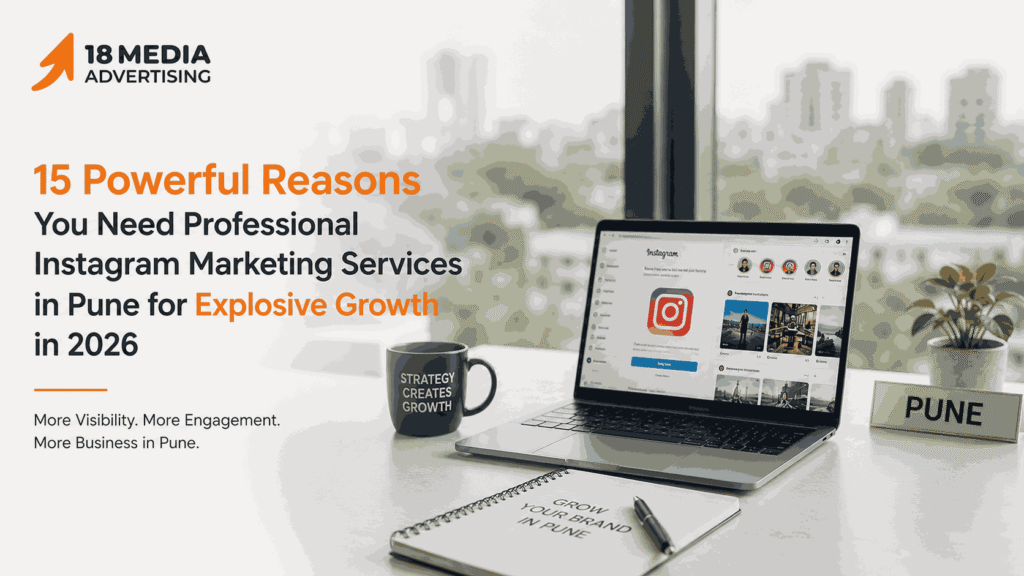 Professional Instagram Marketing Services in Pune 2026 with Instagram dashboard on laptop in a modern digital marketing office